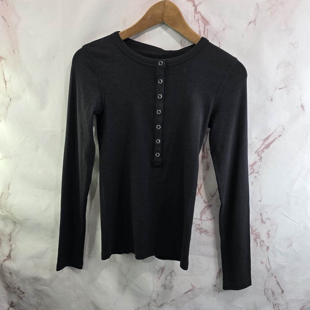 Everlane Shirt Womens Black Micro Luxe Rib Long Sleeve Henley Pima Supima - Picture 10 of 10